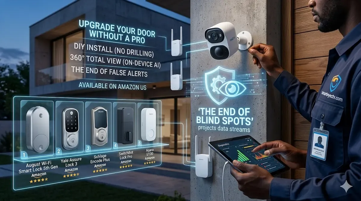Mesh node, range extender and security camera on a wooden table